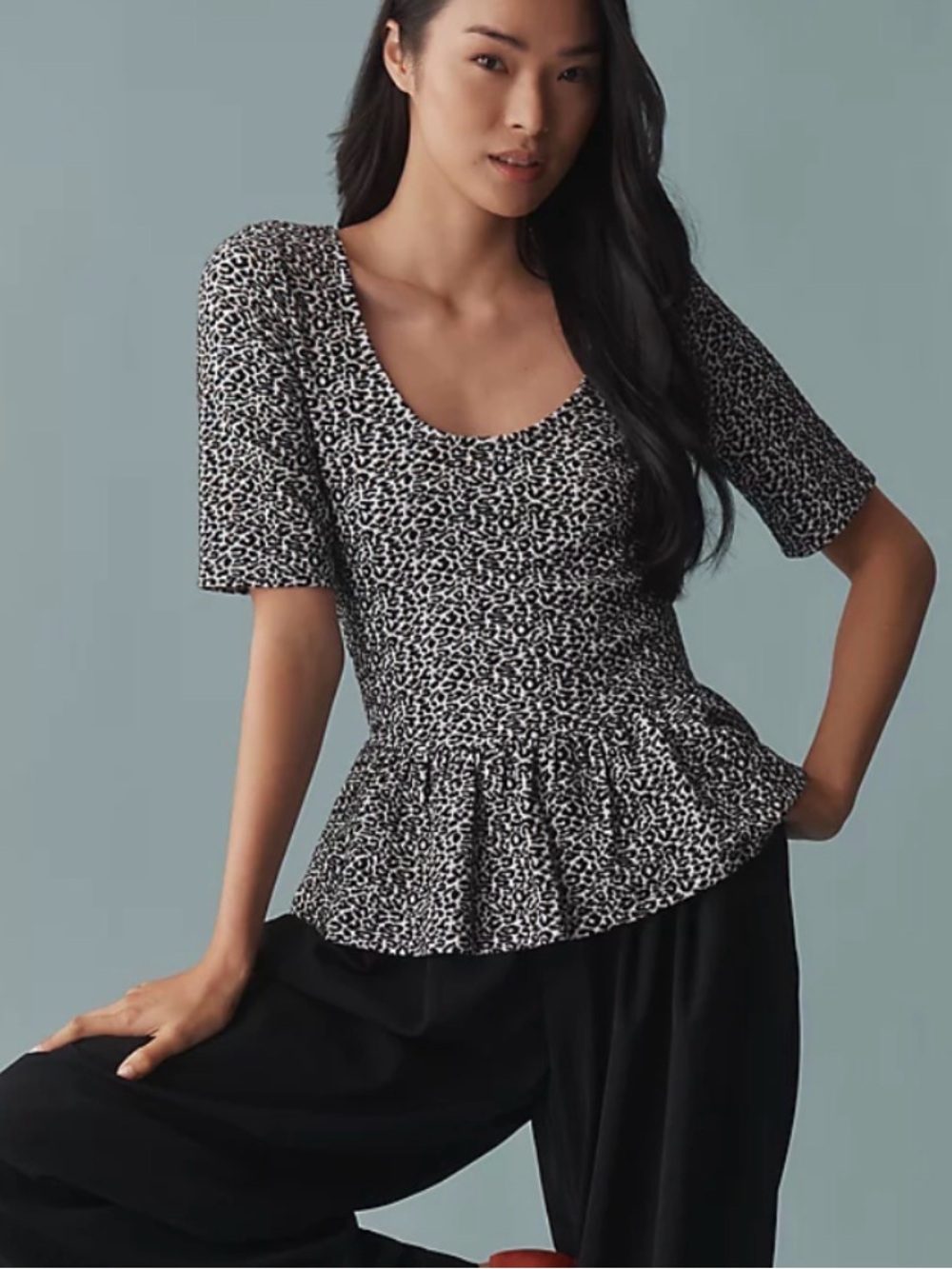Maeve Anthropologie Leopard Print Peplum Top Size L Scoop Neck